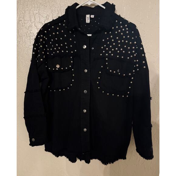 Glam Black Studded Frayed Hem Shacket Jacket Size S - Picture 1 of 6